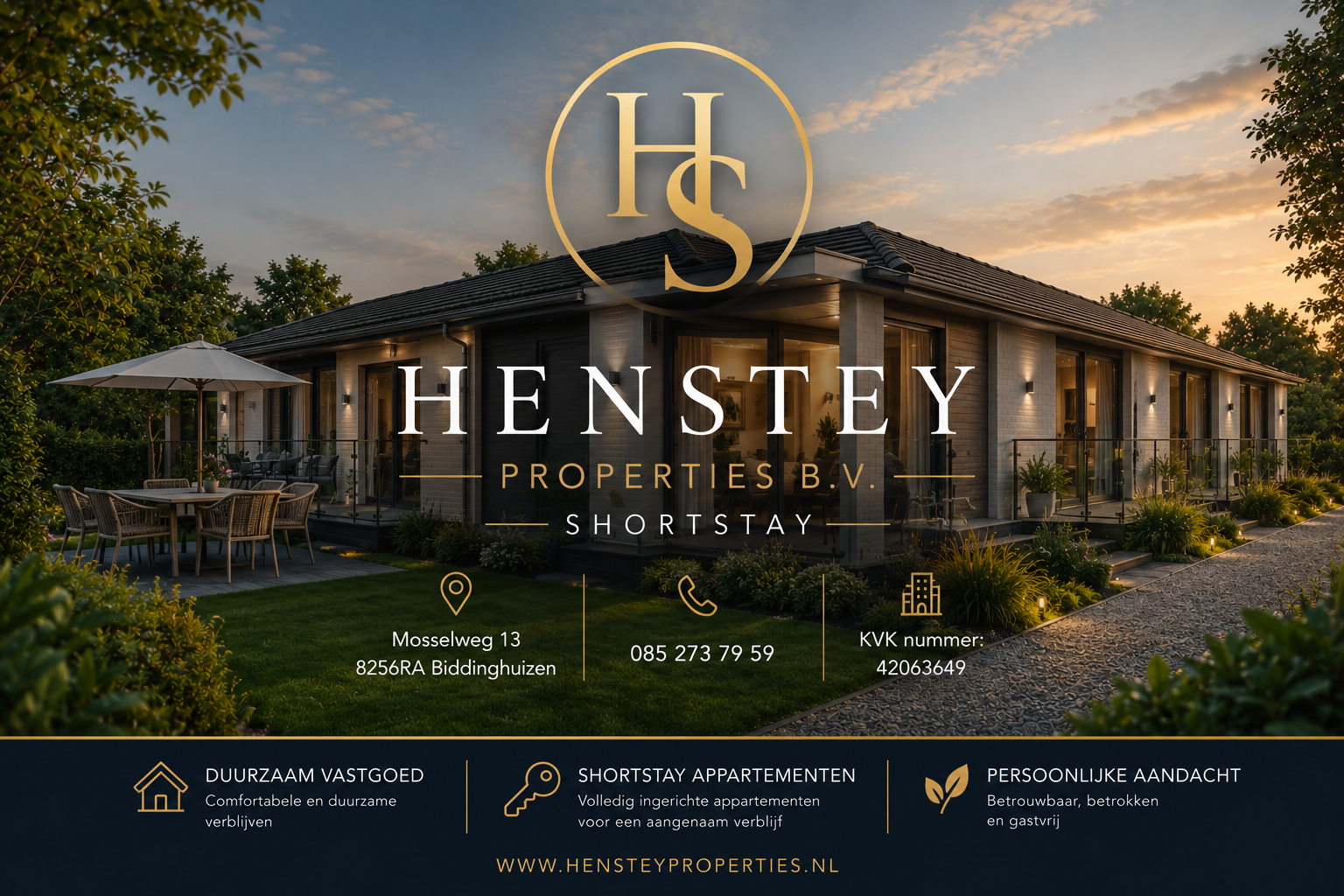 Henstey Properties B.V. Shortstay, Mosselweg 13, 8256 RA Biddinghuizen. Telefoon 085 273 79 59. KVK-nummer 42063649.